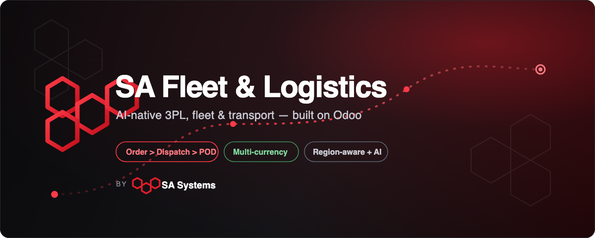 SA Fleet & Logistics banner: 3PL, fleet and transport on Odoo, covering order, dispatch and proof of delivery
