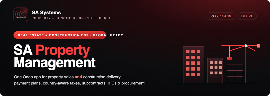 SA Property Management banner: one Odoo app for property sales and construction delivery, for Odoo 18 and 19, LGPL-3